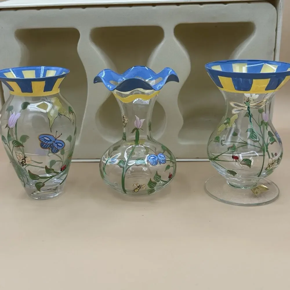 Lenox Hand Painted Glass Bud Vases Blue Yellow Butterfly Floral Design Set of 3